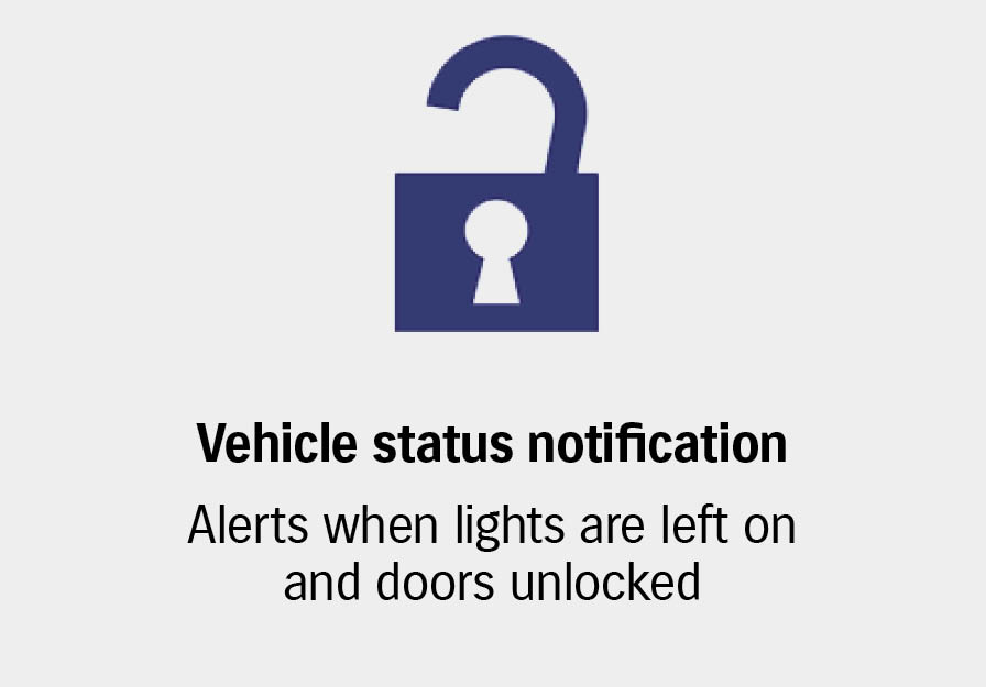 Vehicle status icon with alert for lights and doors left unlocked.