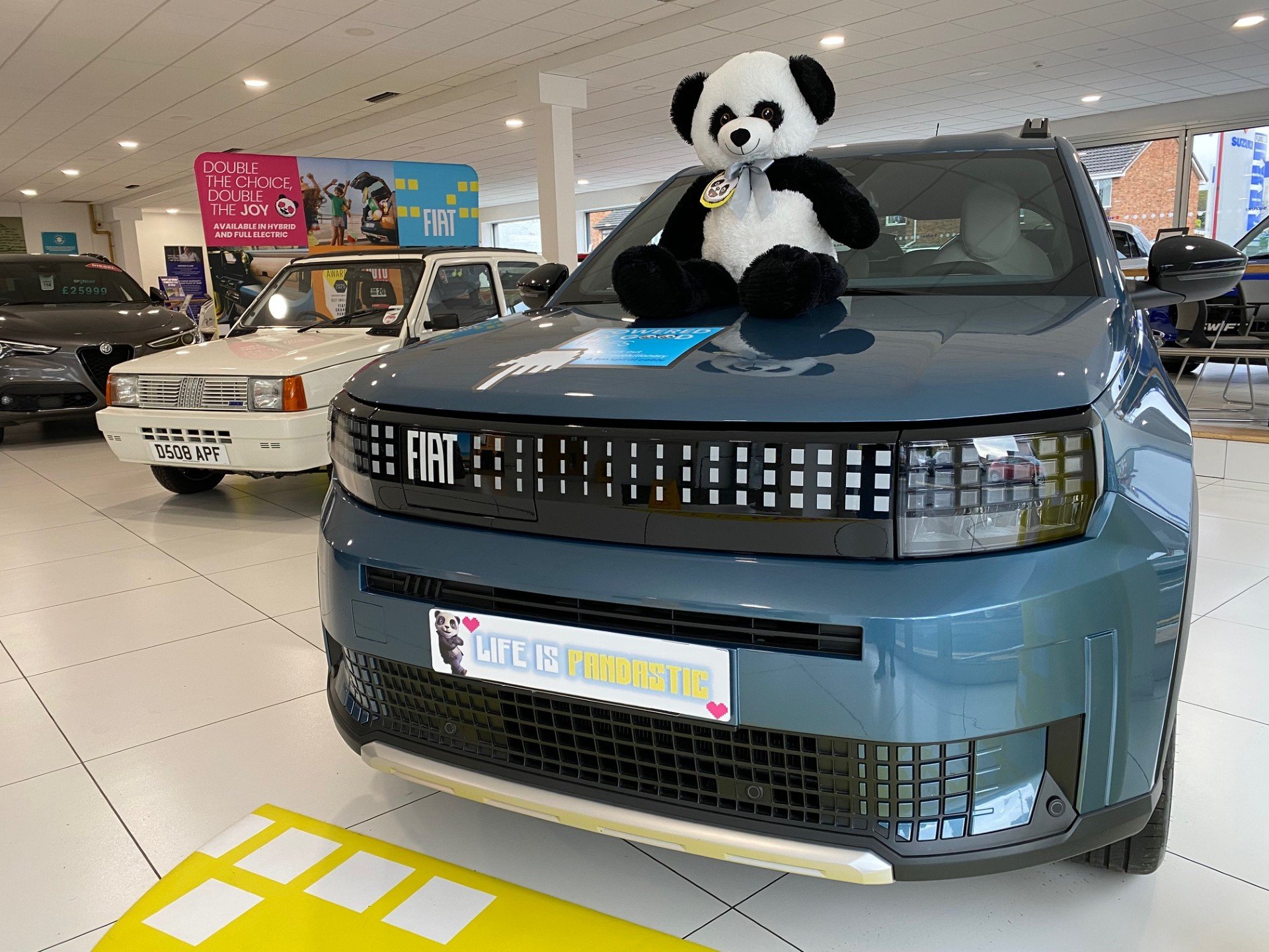 Fiat car with panda toy on bonnet in showroom, older cars in background.