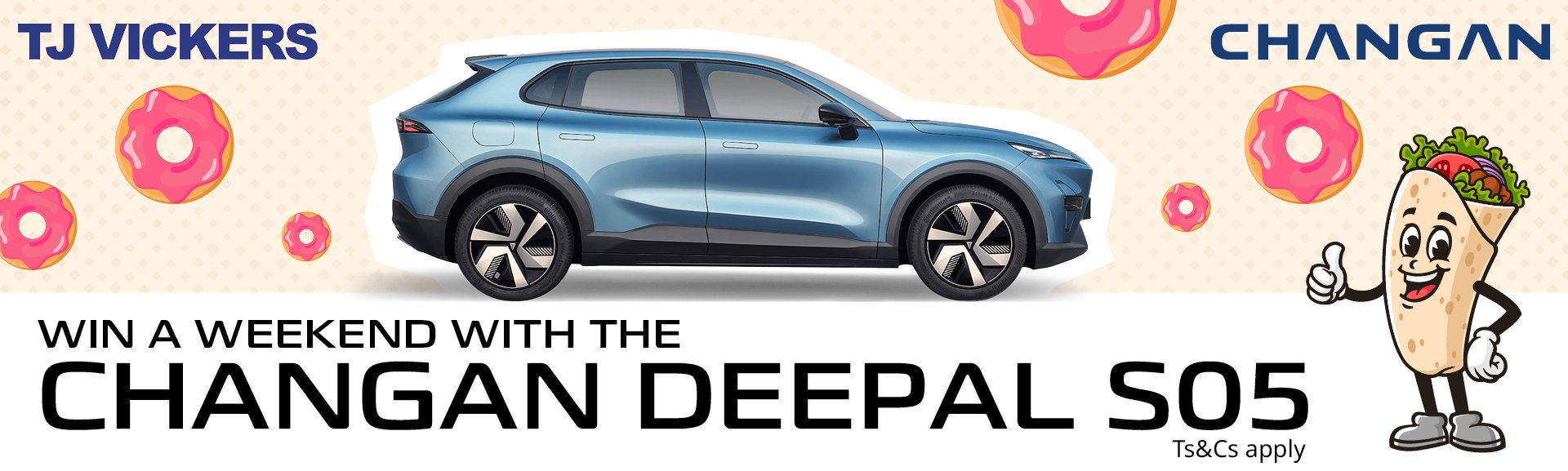 Changan Deepal S05 promotional banner with cartoon taco and doughnuts.