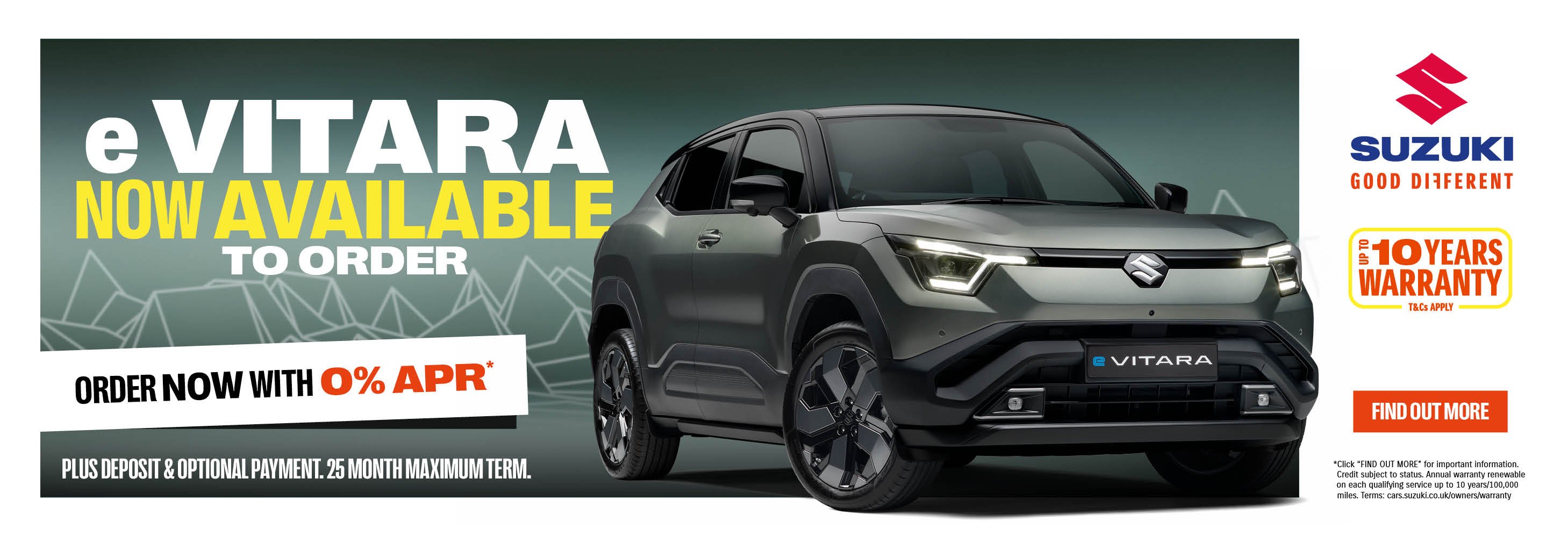 Front view of an eVitara SUV with text about availability and a ten-year warranty.
