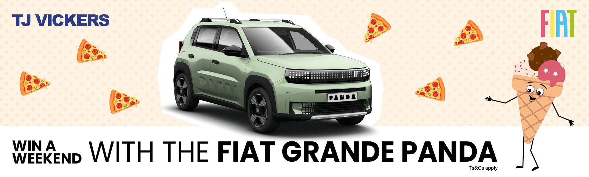 Green Fiat Grande Panda with pizza slices and an animated ice cream cone.