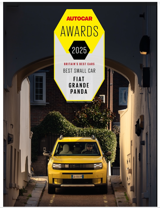 Yellow Fiat Grande Panda awarded Best Small Car by Autocar Awards 2025.