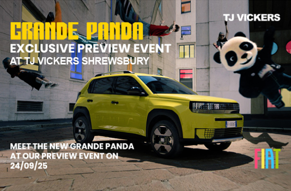 Yellow Grande Panda car at preview event with acrobats and a panda mascot.