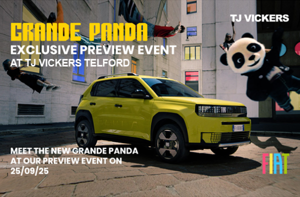 Yellow car with event text and panda animation promoting a preview event for the Grande Panda.