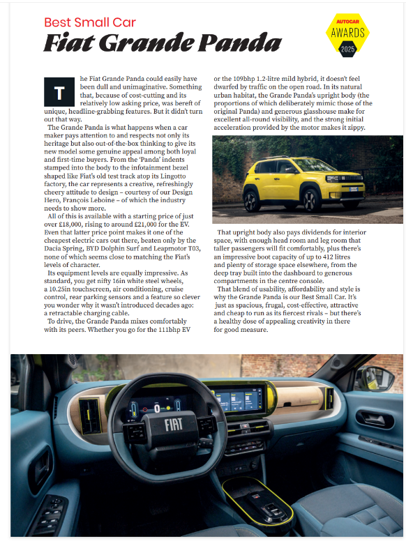 Text about the Fiat Grande Panda featuring images of the car interior and exterior.
