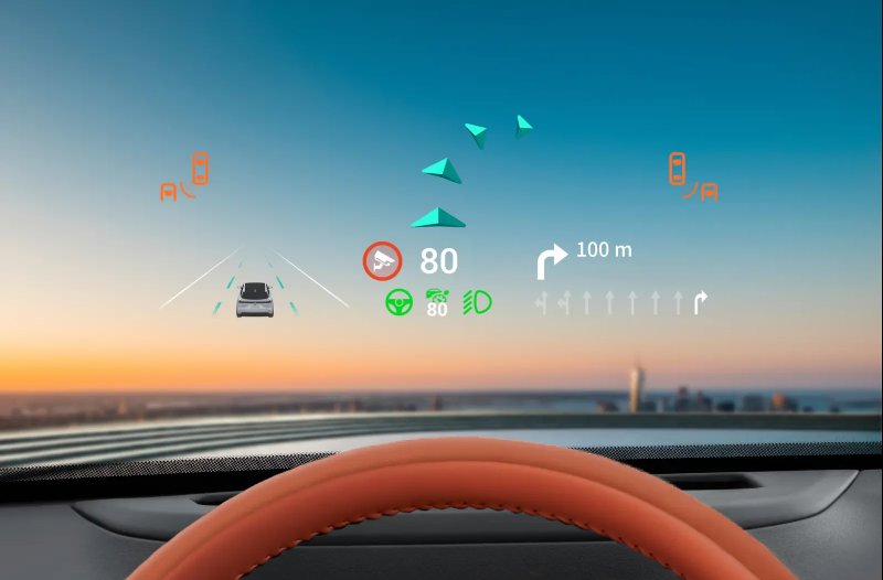 Car dashboard with augmented reality navigation display.