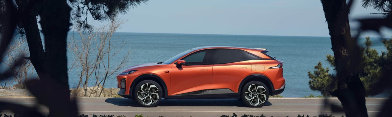 Orange SUV parked by the sea with trees in the foreground.