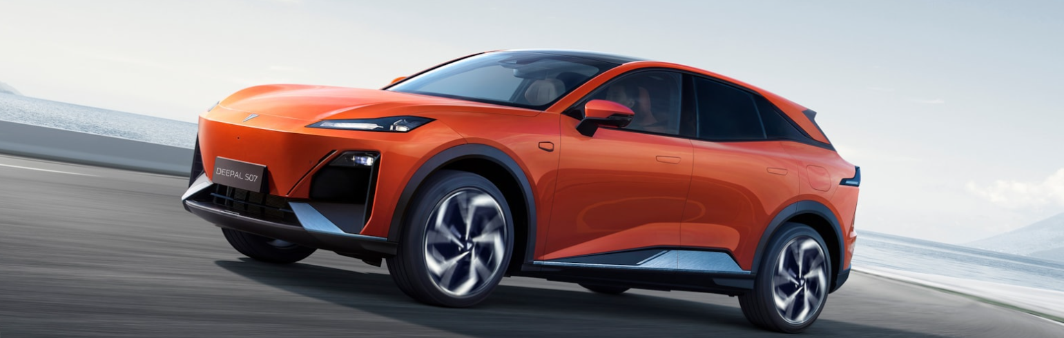 Orange Deepal S07 electric SUV driving on a road.