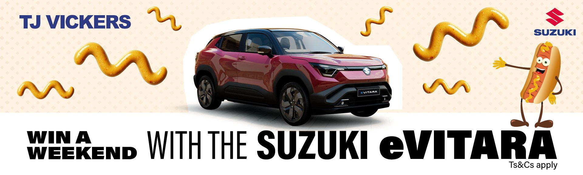 Red Suzuki eVitara with animated hotdog and mustard graphics.