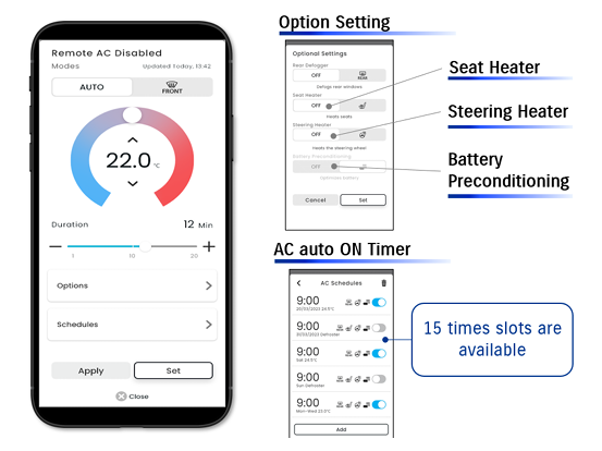 Mobile app interface for remote AC, seat heater, steering heater, and scheduling options.