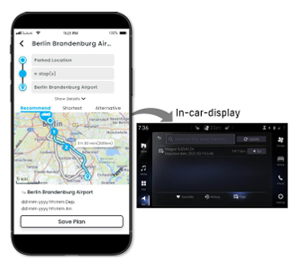 Smartphone showing a route to Berlin Airport, linked to an in-car display.