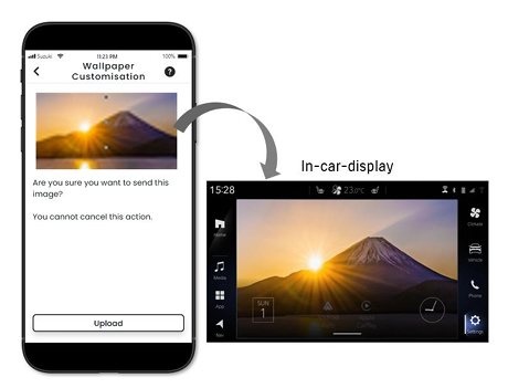 Mobile app transfers mountain image to car display.